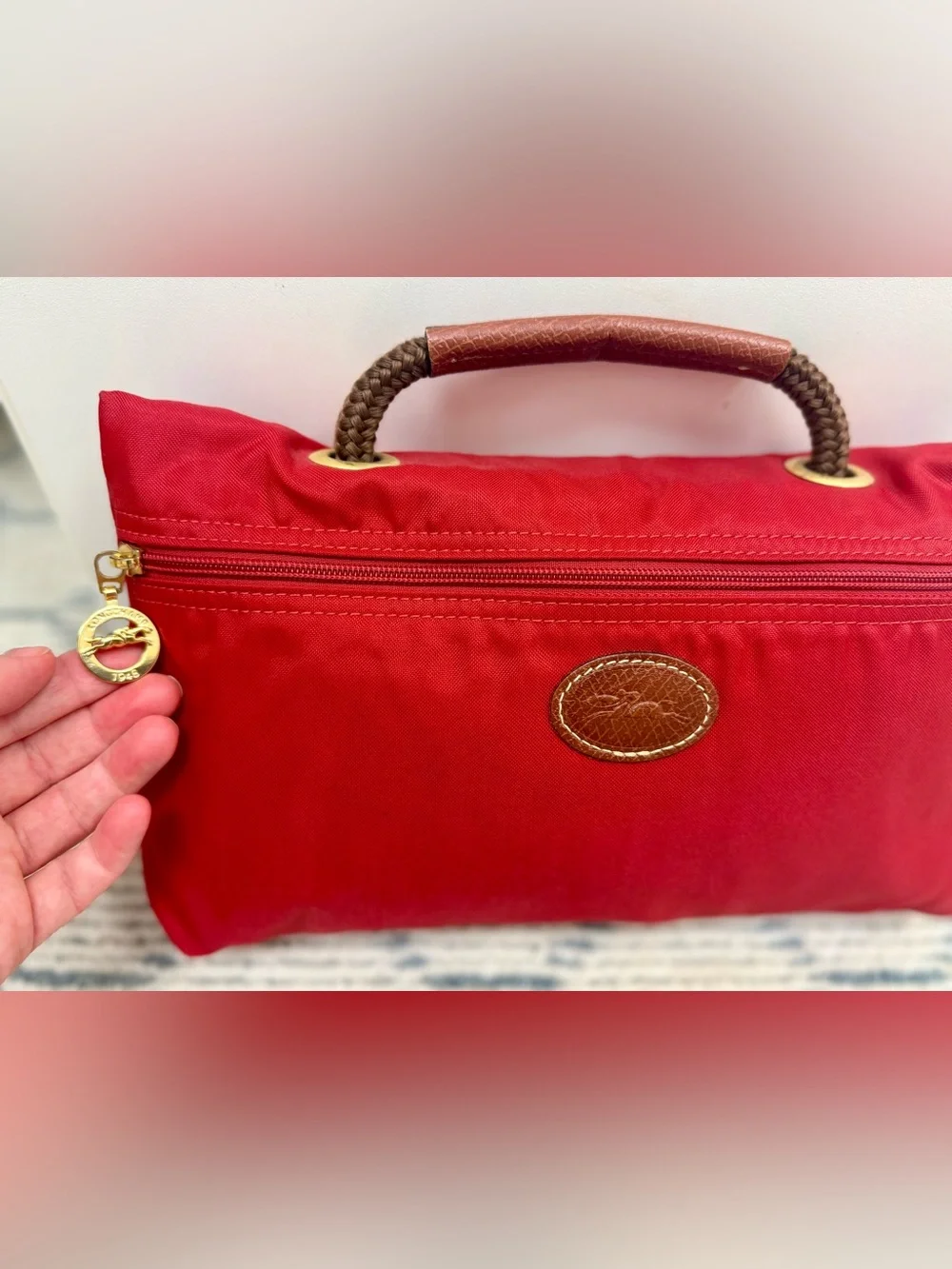 LONGCHAMP Vintage Y2K Collectors Made N France Le Pliage Nylon Red & Leather Bag - Picture 12 of 16